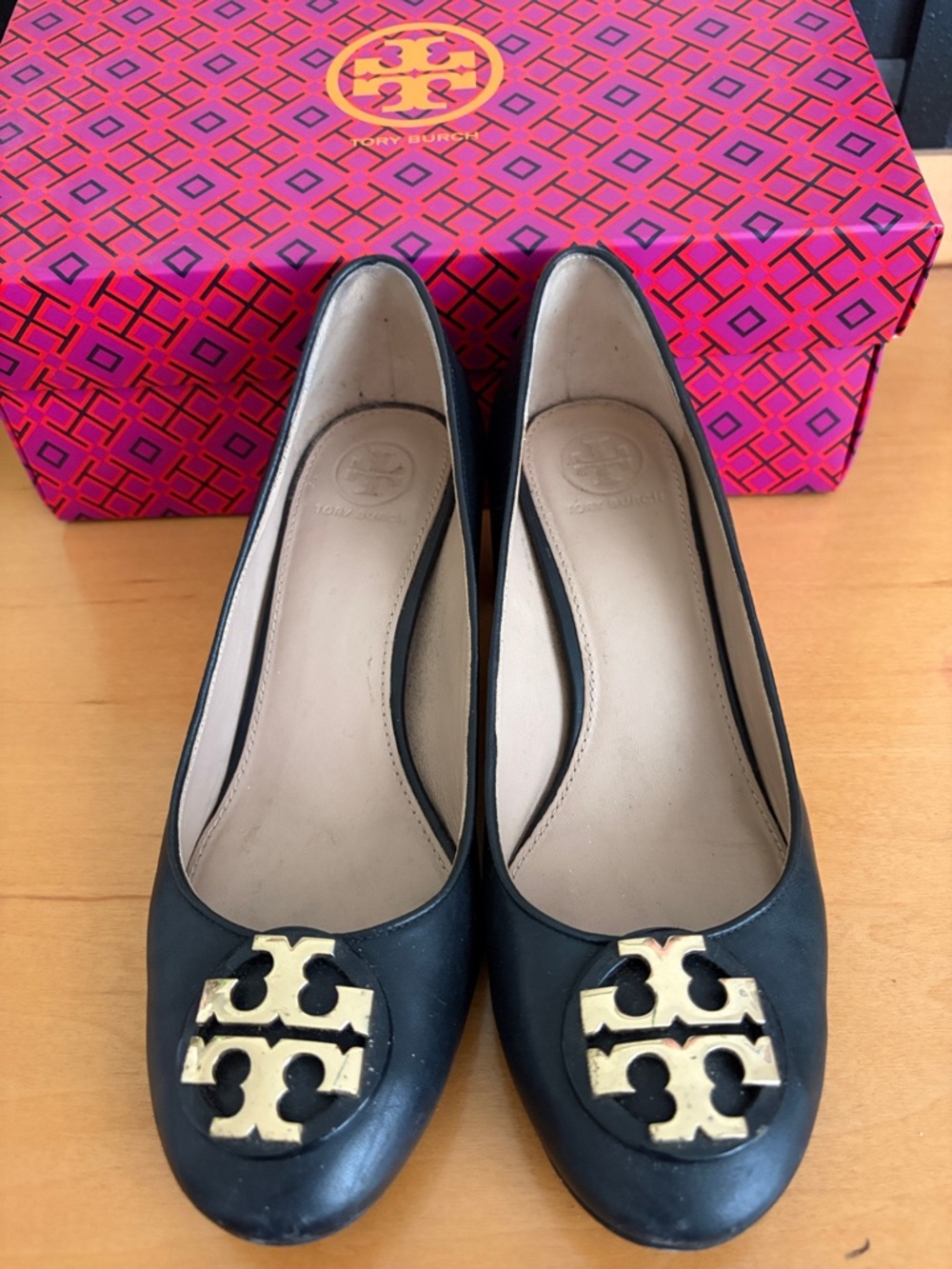 Tory Burch Black Leather Ballet Flats with Gold Logo